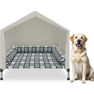 Dog Pet Bed House - Weatherproof 2-in-1 Indoor Outdoor Pet Cot with Canopy Cooling Portable Raised Dog Bed with Pillow