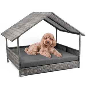 Wicker Dog House, Elevated Rattan Dog Bed with Canopy, Large Dog House Outdoor with Water Resistant Cushion